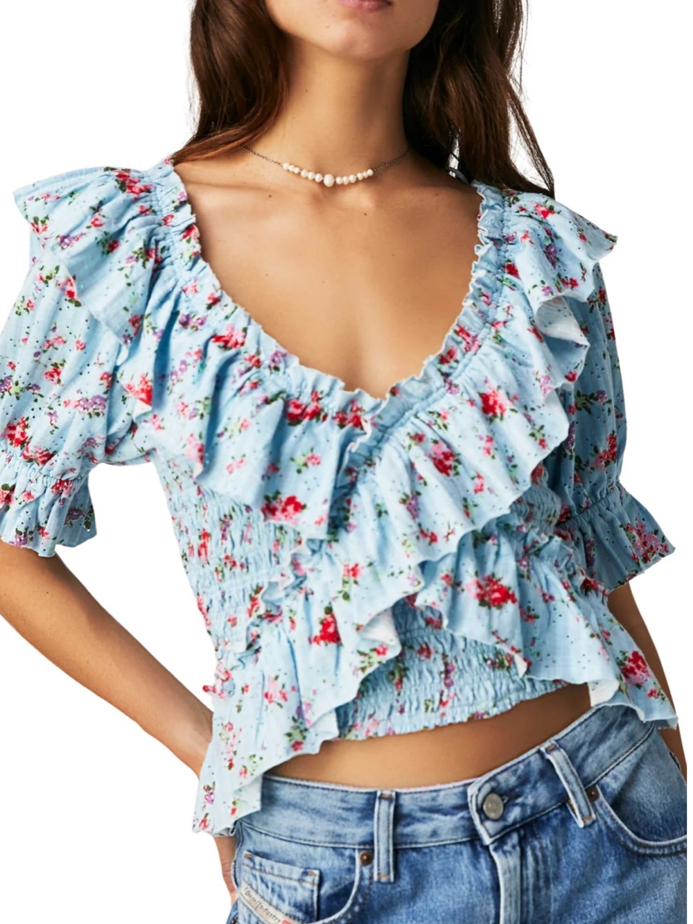 Free People Light Blue Floral Favorite Girl Smocked Ruffle Top